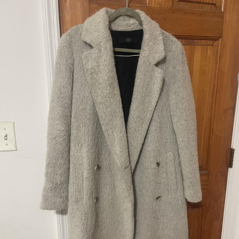 Tibi Light Gray Fuzzy Double-Breasted Pea Coat